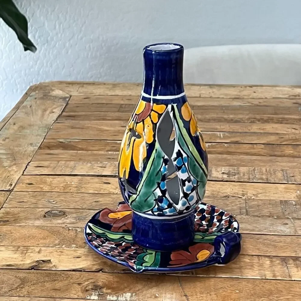 Mexican Talavera Chamberstick Candle Holder 2 Piece 9
